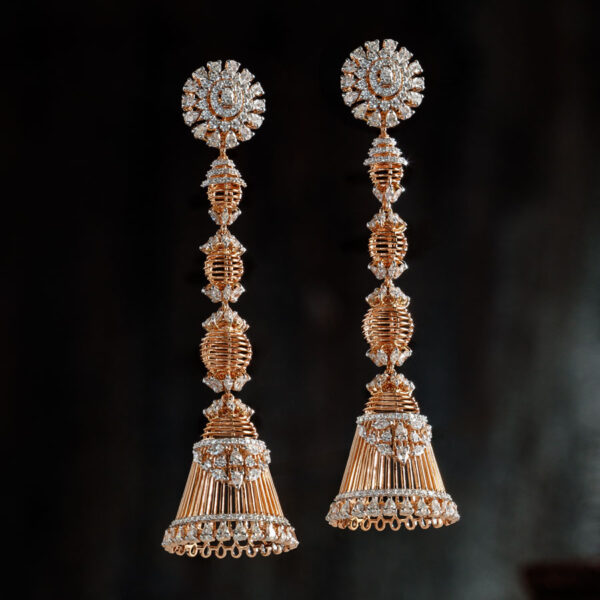 Rose Gold and Diamond Jhumkis on a dark background