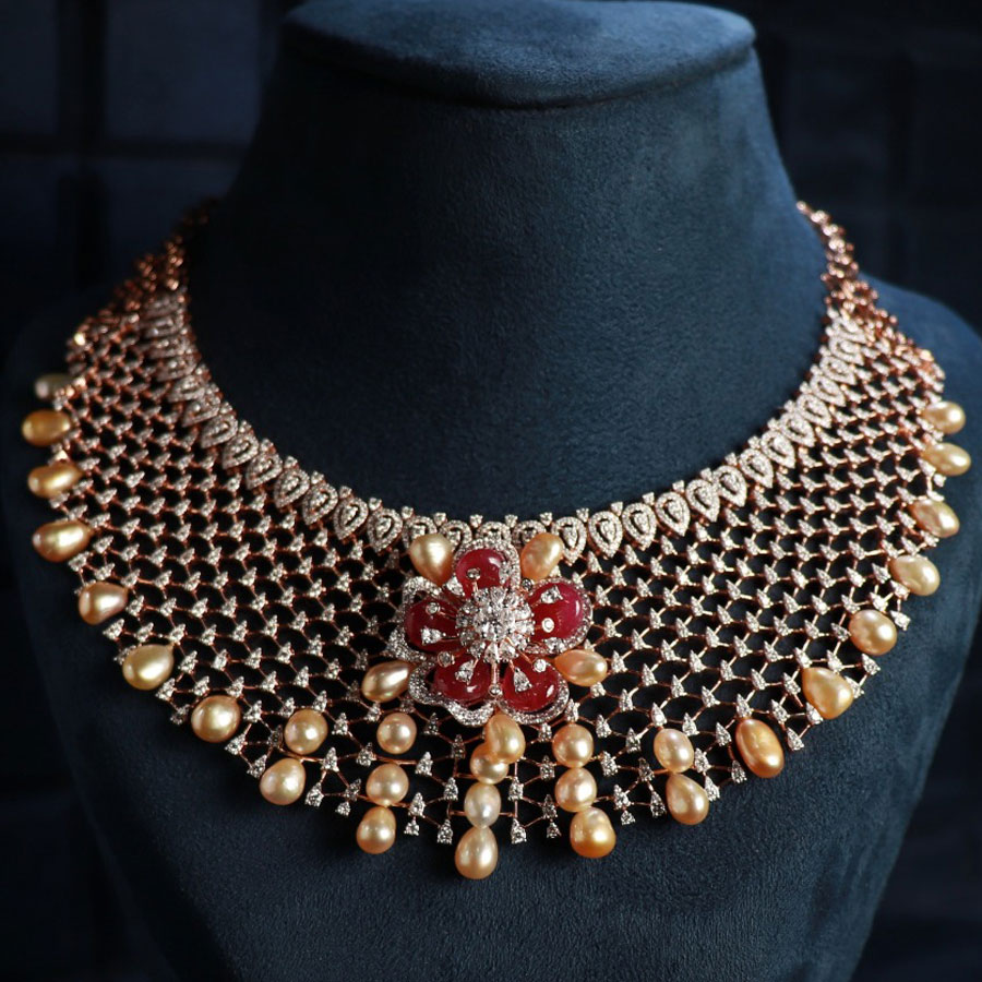 Diamonds, Pearls and Rubies Gala Necklace on black background