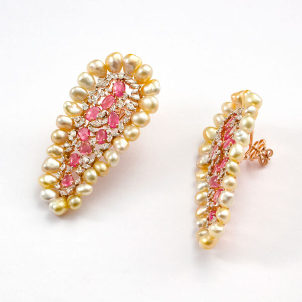 Pearls, Pink Sapphire and Diamond Earrings on a white base