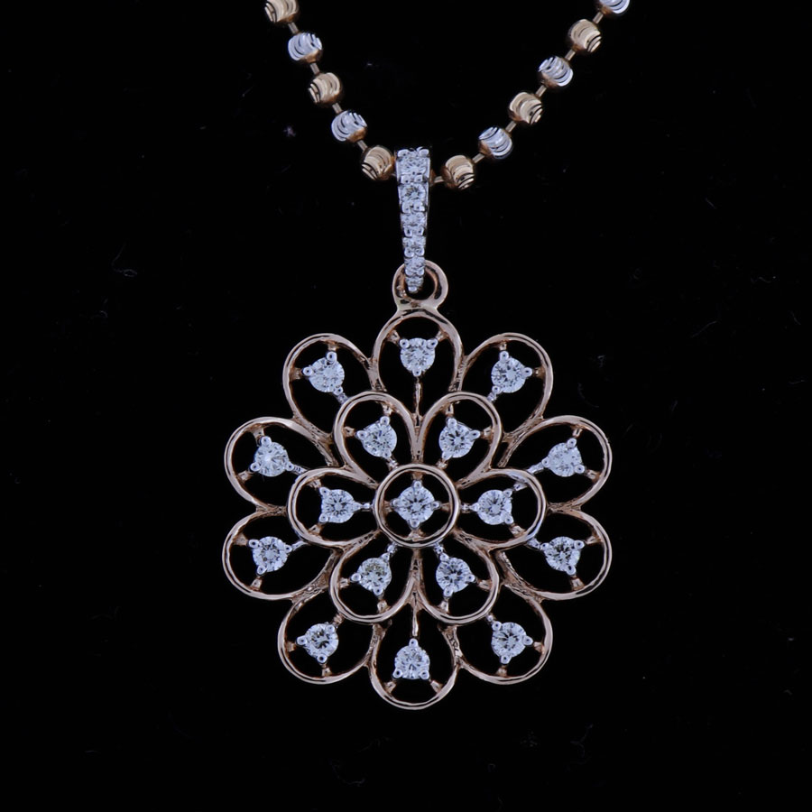 Diamonds and Rose Gold Floral Sparkling Pendant on a black background