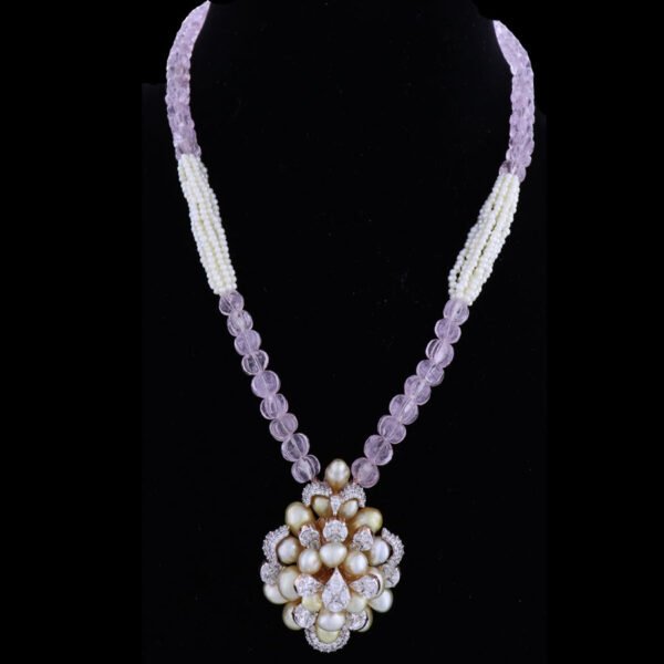 Light Purple Beads, Pearls and Diamond Necklace on a black background