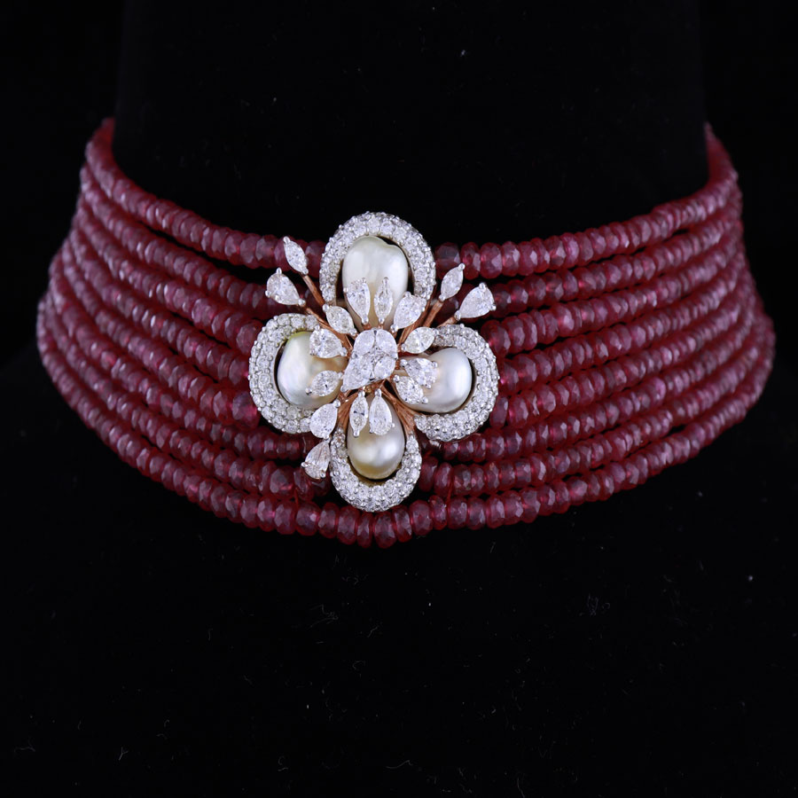 Red Beads and Pearls with Diamonds Floral Choker on a Black background