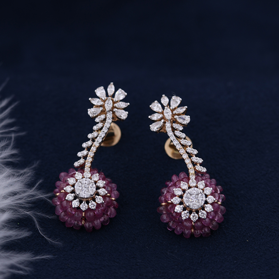 Floral White and Purple Diamond Earrings in a dark blue background