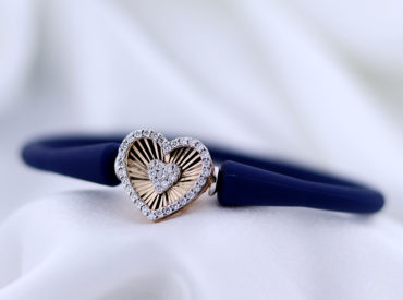 Diamond and Rose Gold Heart Bracelet on white satin background
