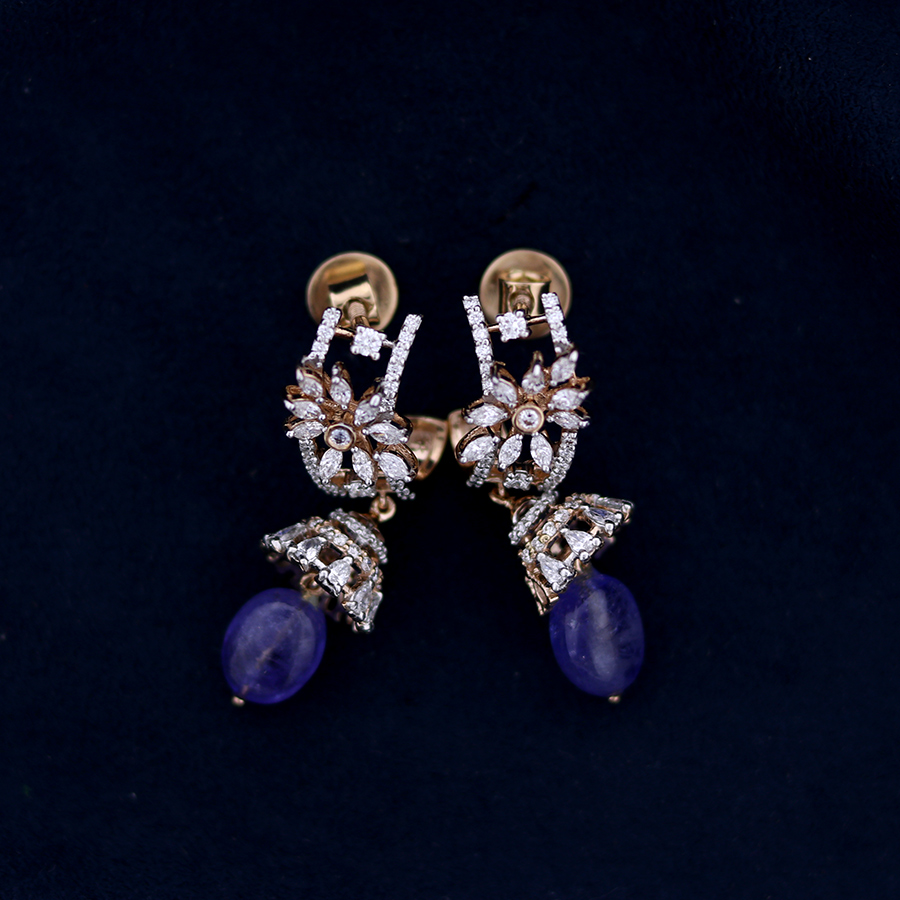 Floral Real Diamond Earrings in Dark Blue Background
